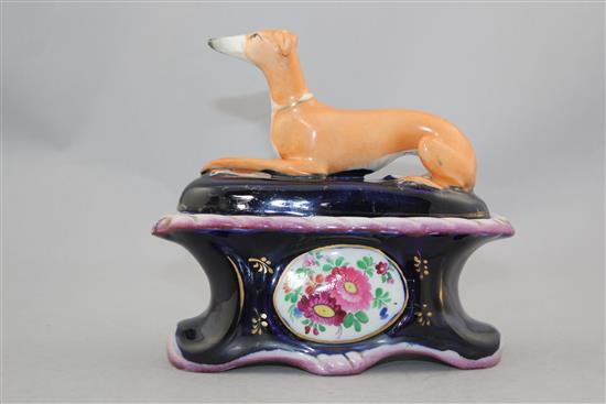 A rare Staffordshire greyhound ink stand and cover, mid 19th century, 17cm., restorations